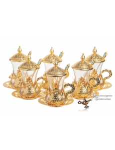 Армуды чайный сервиз в восточном стиле на 6 персон с ложками , золото, Турция