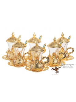 Армуды чайный сервиз в восточном стиле на 6 персон с ложками , золото, Турция