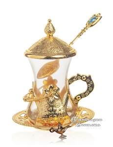 Армуды чайный сервиз в восточном стиле на 1 персону с ложкой , золото, Турция