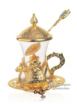 Армуды чайный сервиз в восточном стиле на 1 персону с ложкой , золото, Турция