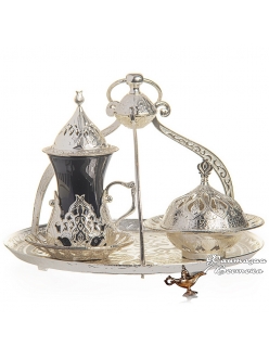 Армуды чайный сервиз в восточном стиле на 1 персону на подносе с лукумницей "Королевский" , серебро