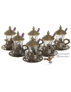 Армуды чайный сервиз в восточном стиле на 6 персон с ложками , бронза, Турция